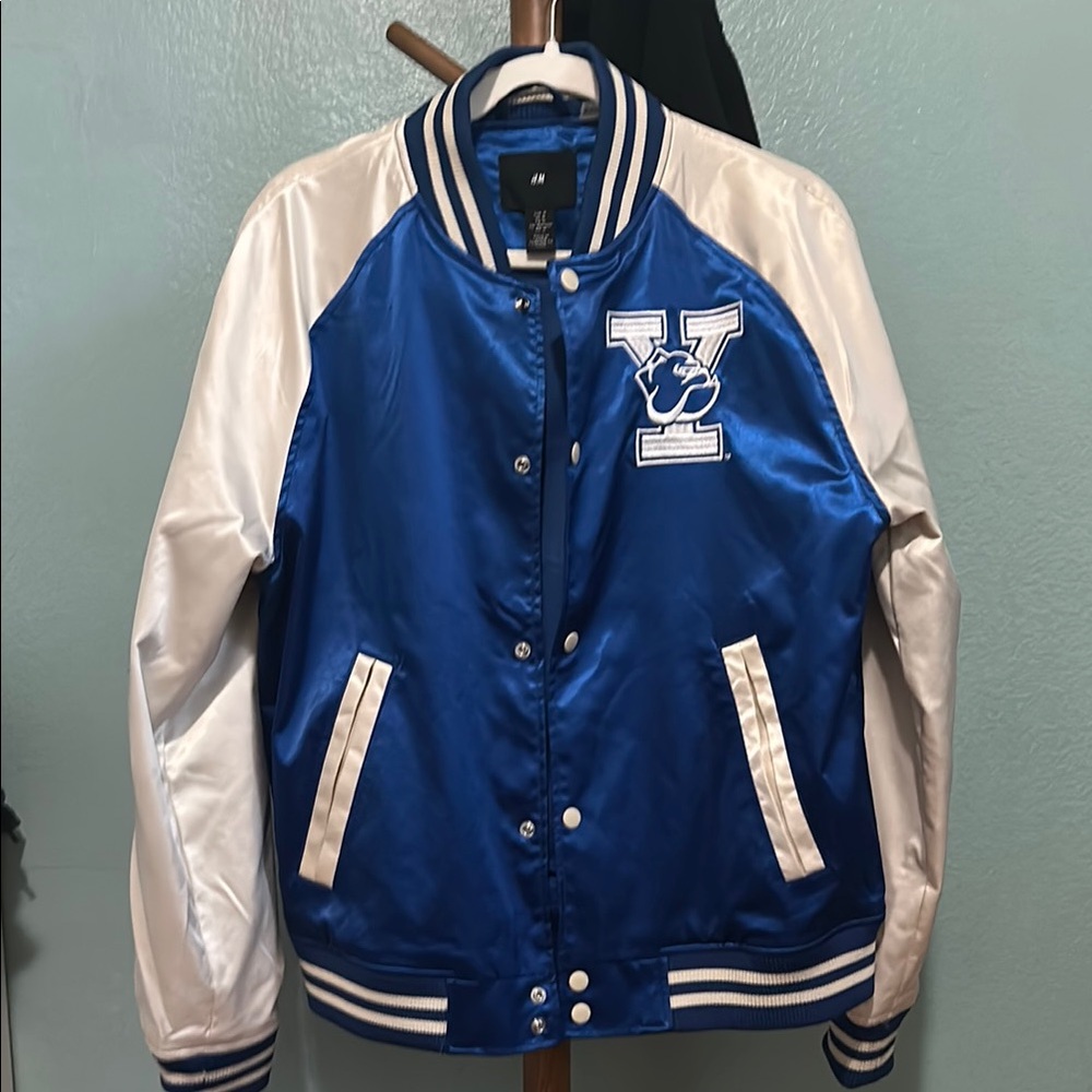 H&M Blue and White Varsity Jacket with Leather Sleeves